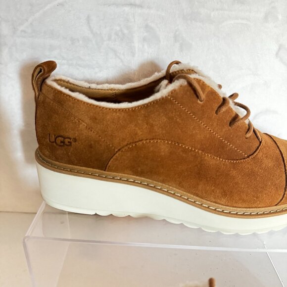 UGG Johanna Spill Seam Loafer Oxford Size 9 Suede Chestnut Wedge - Picture 2 of 13